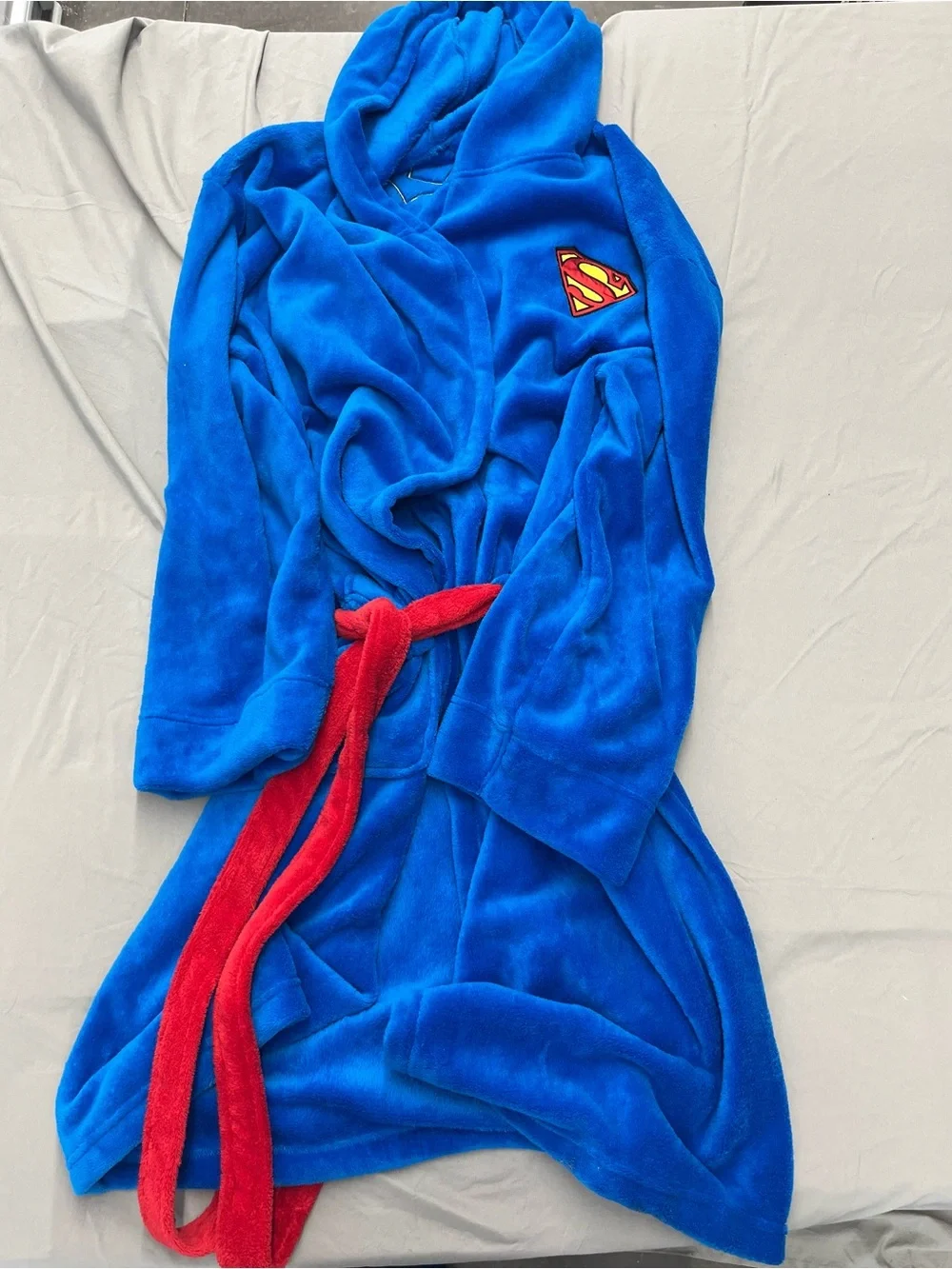 DC Comics Superman Blue Hooded Fleece Robe with Red Belt Mens One Size
